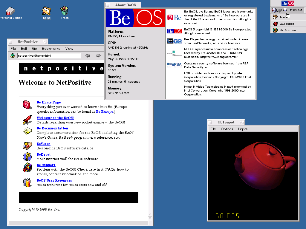 BeOS R5 desktop showing NetPositive, the About BeOS window and GLTeapot
